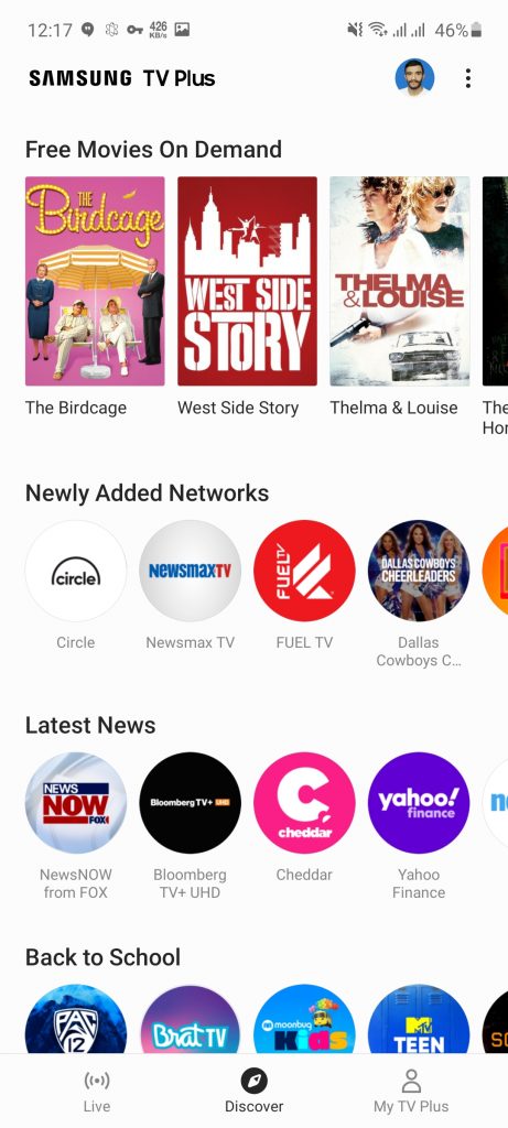 Screenshot of Samsung TV Plus App